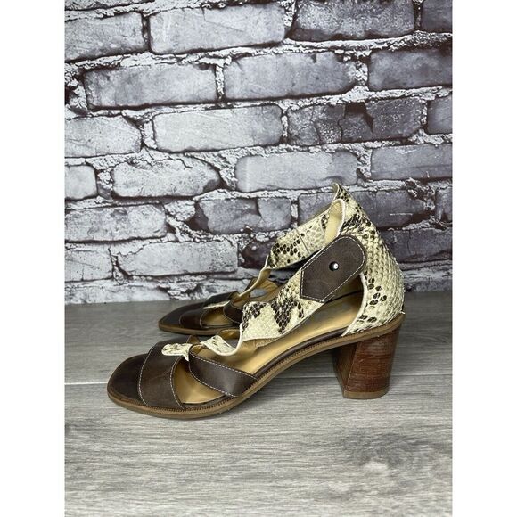 Fidji Ivory Leather Snake Skin Anke Strap Print Brown Heel Sandals Women 38.5EU - Picture 9 of 16